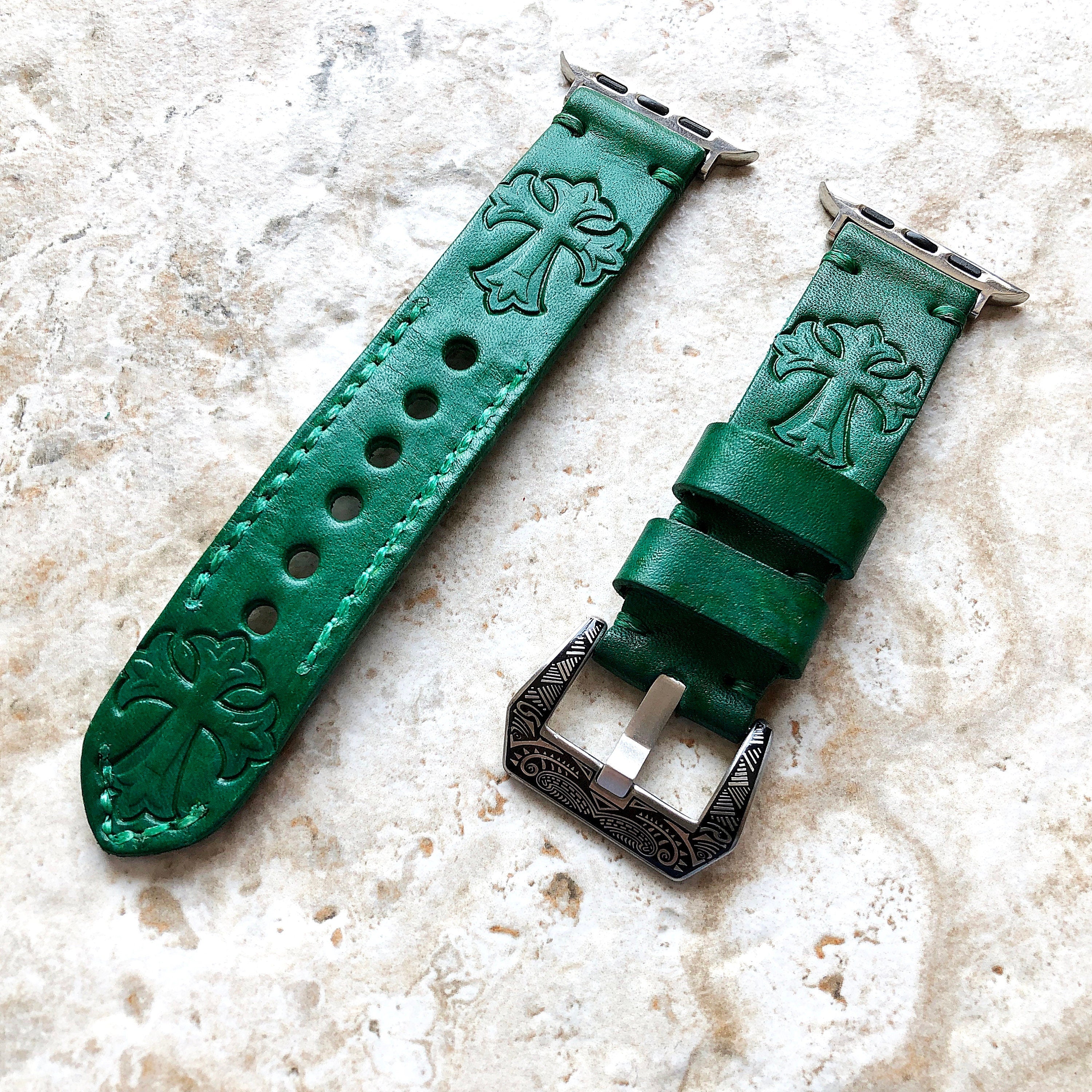 Apple Watch Leather Band for iWatch Ultra 2 49mm and 9 8 Series 41mm 45mm Case Cross Fleury Tooled Embossed Handmade Green Strap Bracelet